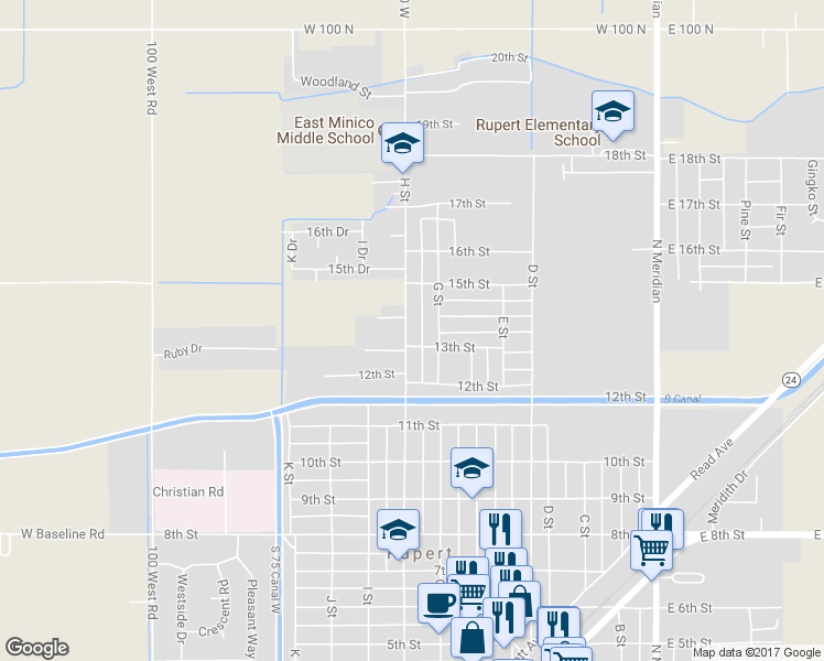 map of restaurants, bars, coffee shops, grocery stores, and more near 1314 50 West Road in Rupert