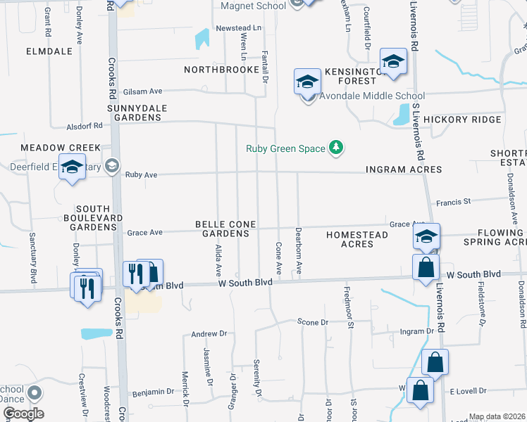 map of restaurants, bars, coffee shops, grocery stores, and more near 3711 Mildred Avenue in Rochester Hills