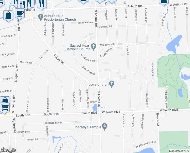 map of restaurants, bars, coffee shops, grocery stores, and more near 3680 South Adams Road in Auburn Hills