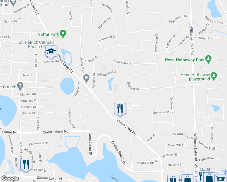 map of restaurants, bars, coffee shops, grocery stores, and more near 941 Independence Circle in White Lake charter Township