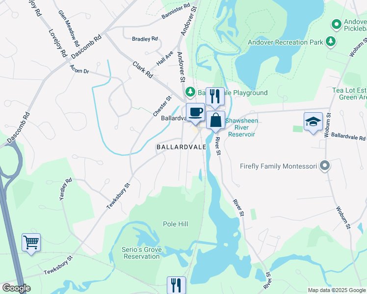 map of restaurants, bars, coffee shops, grocery stores, and more near 48A Center Street in Andover