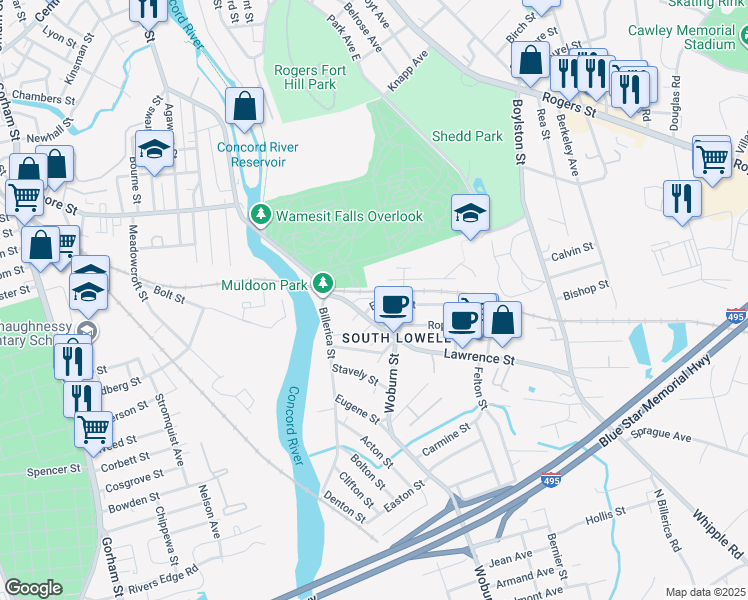 map of restaurants, bars, coffee shops, grocery stores, and more near 1104 Lawrence Street in Lowell