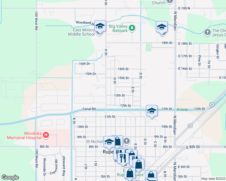map of restaurants, bars, coffee shops, grocery stores, and more near 1314 50 West Road in Rupert