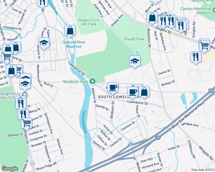 map of restaurants, bars, coffee shops, grocery stores, and more near 1104 Lawrence Street in Lowell
