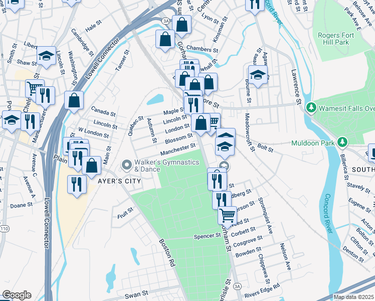 map of restaurants, bars, coffee shops, grocery stores, and more near 36 Manchester Street in Lowell