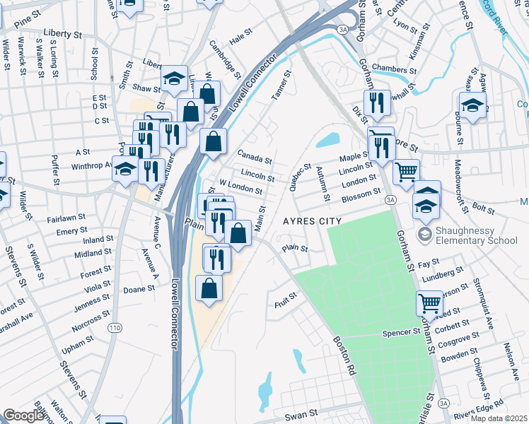 map of restaurants, bars, coffee shops, grocery stores, and more near 201R West Manchester Street in Lowell