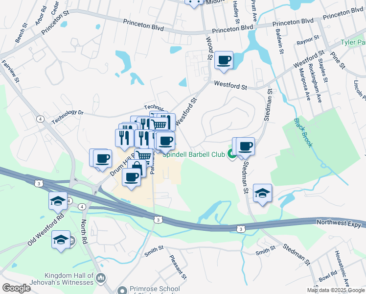 map of restaurants, bars, coffee shops, grocery stores, and more near 1260 Westford Street in Lowell