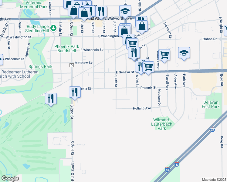 map of restaurants, bars, coffee shops, grocery stores, and more near 520 Phoenix Street in Delavan