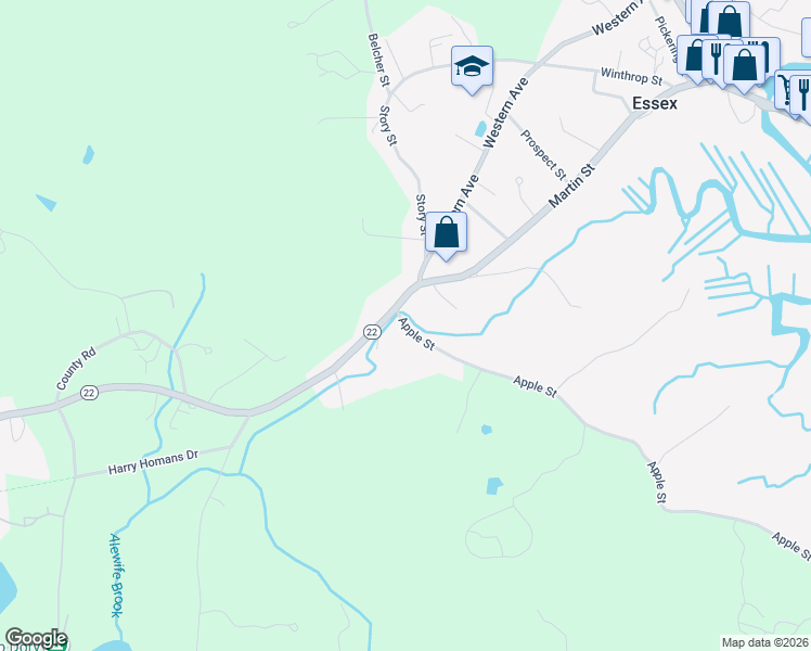 map of restaurants, bars, coffee shops, grocery stores, and more near 3 Apple Street in Essex