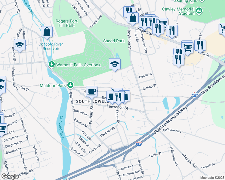 map of restaurants, bars, coffee shops, grocery stores, and more near 120 Epping Street in Lowell