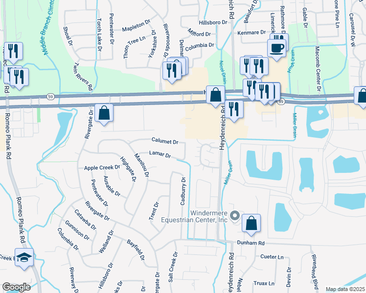 map of restaurants, bars, coffee shops, grocery stores, and more near 20361 Calumet Drive in Clinton Township
