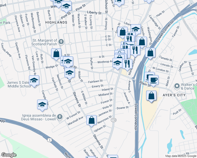 map of restaurants, bars, coffee shops, grocery stores, and more near 23 Joyce Avenue in Lowell