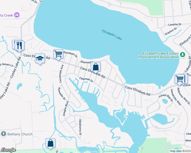 map of restaurants, bars, coffee shops, grocery stores, and more near 1012 Iroquois Street in Waterford Township