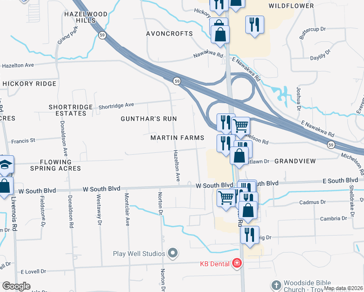 map of restaurants, bars, coffee shops, grocery stores, and more near 3791 Hazelton Avenue in Rochester Hills