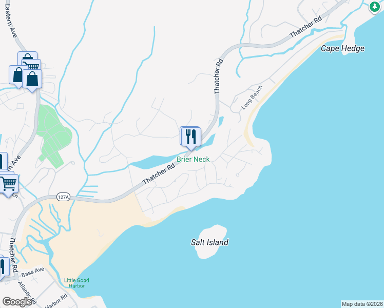 map of restaurants, bars, coffee shops, grocery stores, and more near 147 Thatcher Road in Gloucester