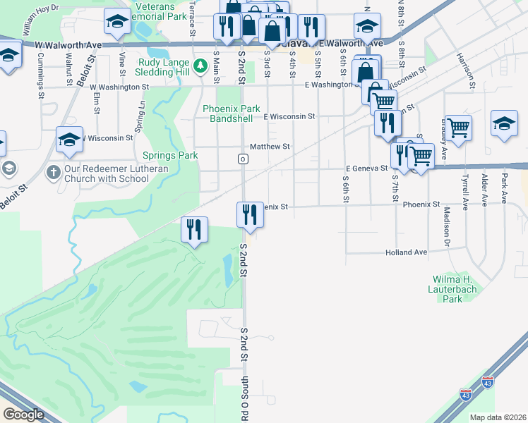 map of restaurants, bars, coffee shops, grocery stores, and more near 220 Phoenix Street in Delavan