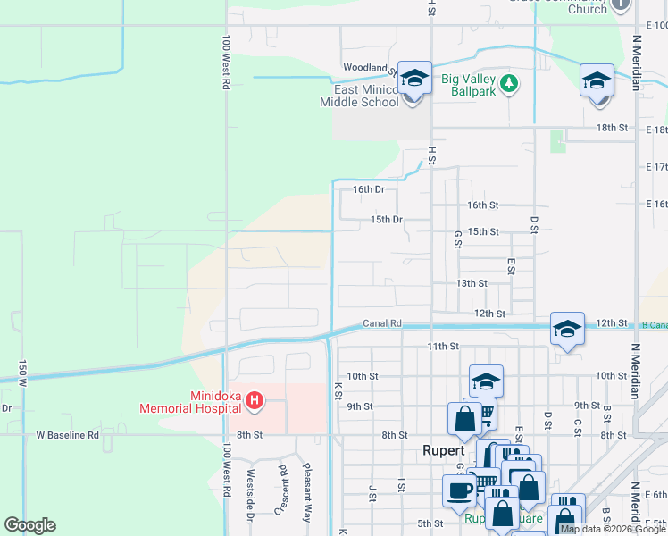 map of restaurants, bars, coffee shops, grocery stores, and more near 1102 Ruby Drive in Rupert