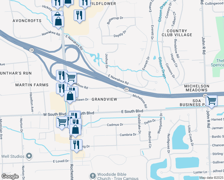 map of restaurants, bars, coffee shops, grocery stores, and more near 322 Michelson Road in Rochester Hills