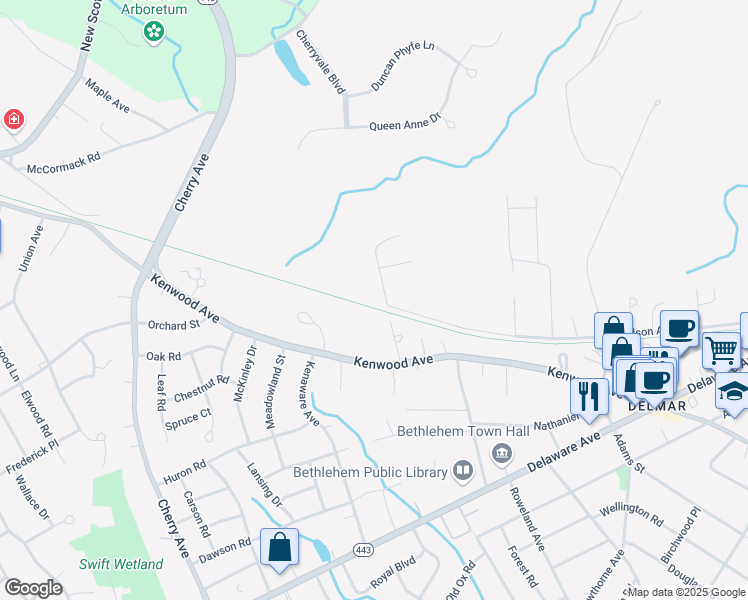 map of restaurants, bars, coffee shops, grocery stores, and more near 20 Gardner Terrace in Delmar