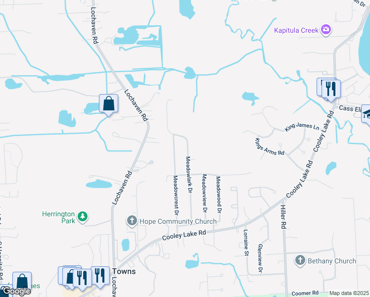 map of restaurants, bars, coffee shops, grocery stores, and more near 1074 Meadowlark Drive in Waterford Township