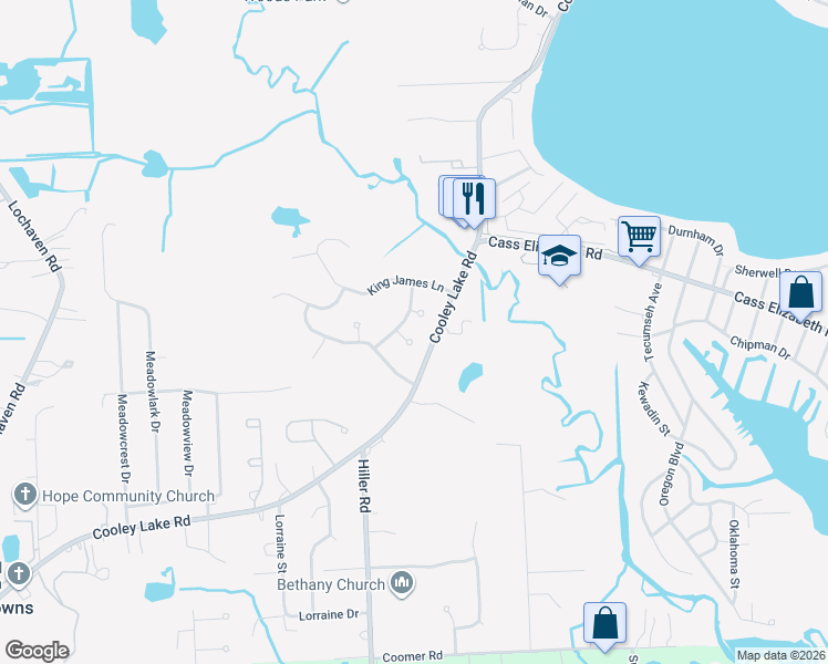 map of restaurants, bars, coffee shops, grocery stores, and more near 5776 Williamsburg Court in Waterford Township