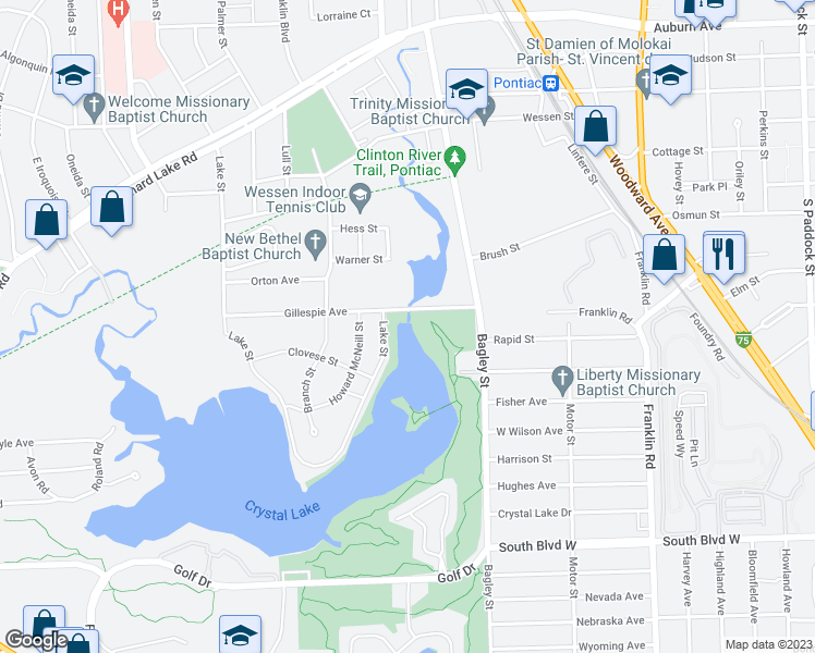 map of restaurants, bars, coffee shops, grocery stores, and more near 200 Lake Street in Pontiac