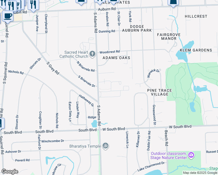 map of restaurants, bars, coffee shops, grocery stores, and more near 3565 South Adams Road in Rochester Hills