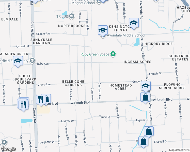 map of restaurants, bars, coffee shops, grocery stores, and more near 3735 Cone Ave in Rochester Hills