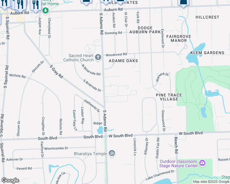 map of restaurants, bars, coffee shops, grocery stores, and more near 3565 South Adams Road in Rochester Hills