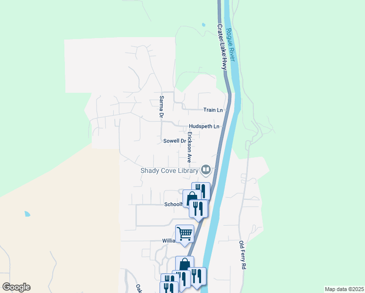 map of restaurants, bars, coffee shops, grocery stores, and more near 20 Sowell Court in Shady Cove