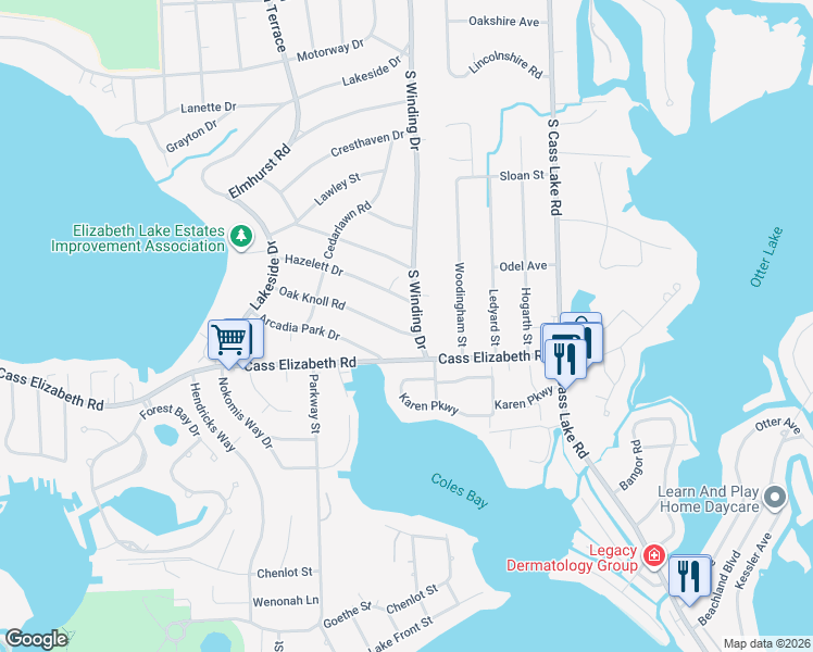 map of restaurants, bars, coffee shops, grocery stores, and more near 3840 Oak Knoll Road in Waterford Township