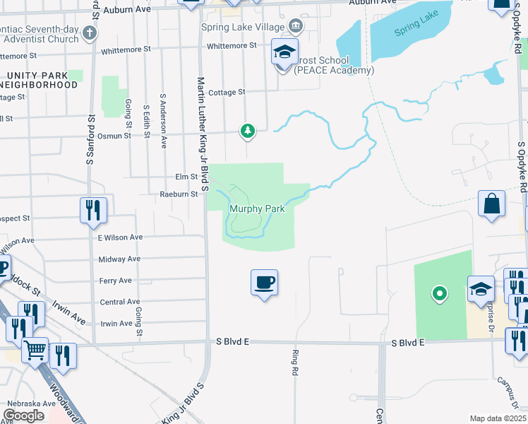 map of restaurants, bars, coffee shops, grocery stores, and more near Murphy Park Drive in Pontiac