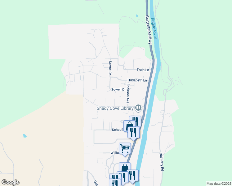 map of restaurants, bars, coffee shops, grocery stores, and more near 294 Sowell Drive in Shady Cove