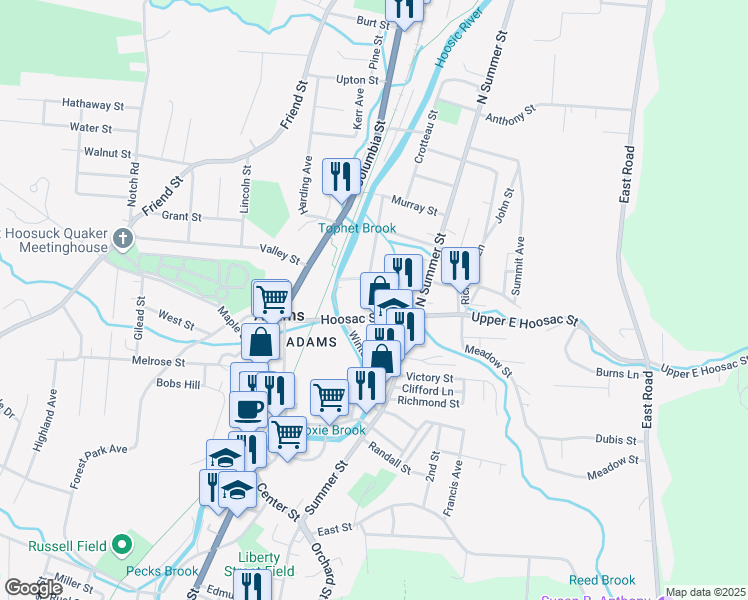 map of restaurants, bars, coffee shops, grocery stores, and more near 2 North Hoosac Street in Adams