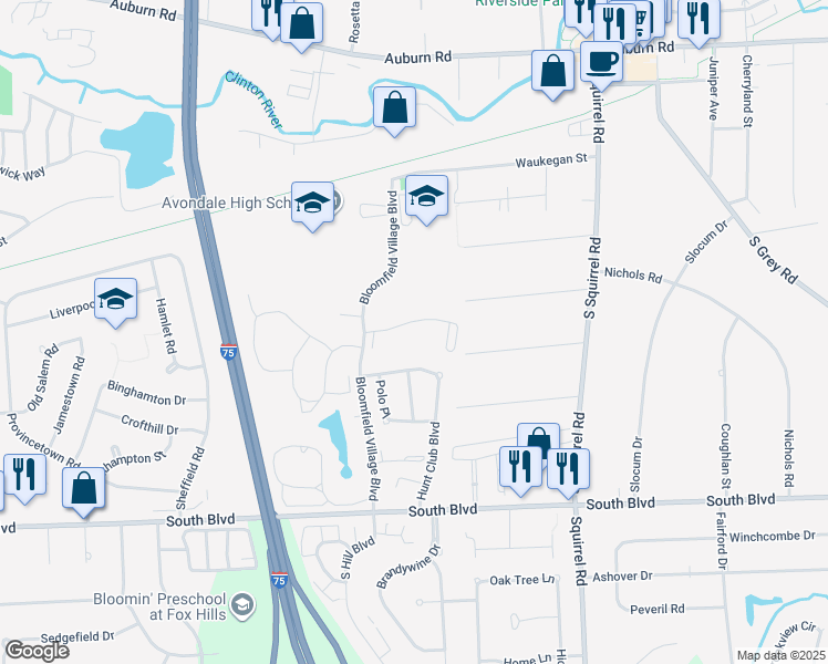 map of restaurants, bars, coffee shops, grocery stores, and more near 713 Tall Oaks Boulevard in Auburn Hills