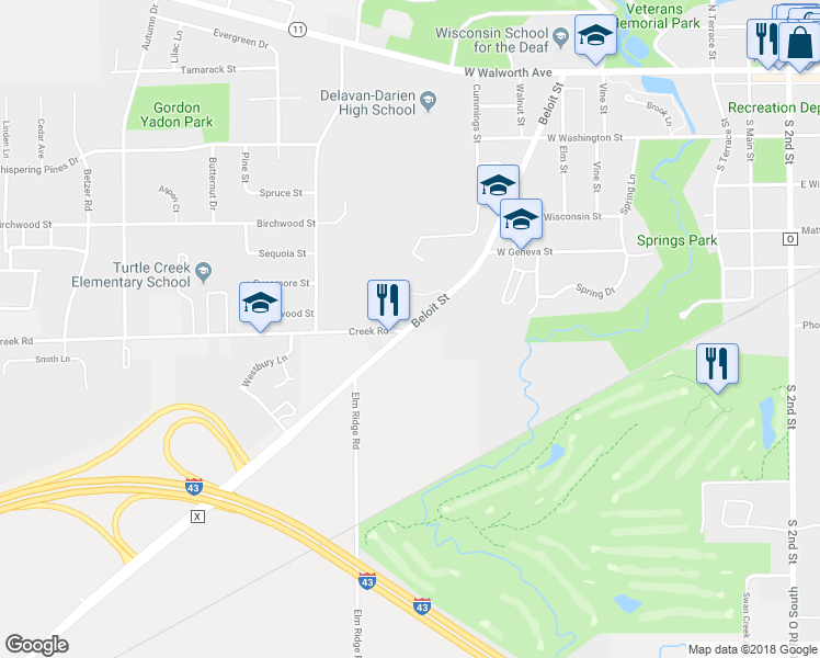 map of restaurants, bars, coffee shops, grocery stores, and more near 521 Beloit Street in Delavan
