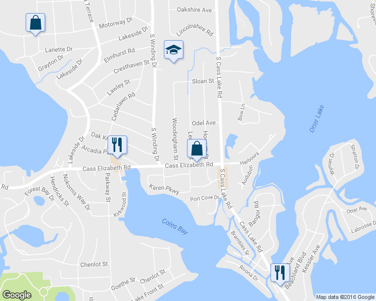 map of restaurants, bars, coffee shops, grocery stores, and more near 920 Ledyard Street in Waterford Township