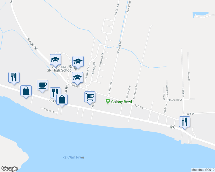 map of restaurants, bars, coffee shops, grocery stores, and more near 9556 Folkert Road in Clay Township