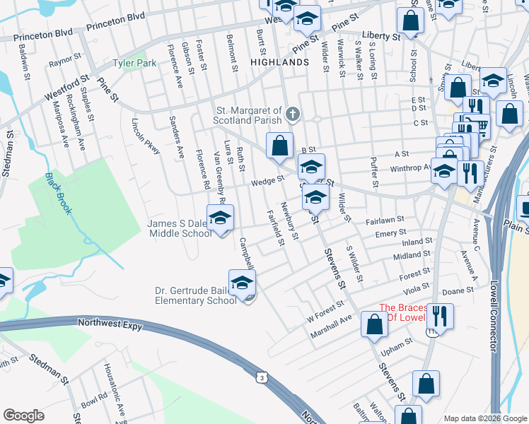 map of restaurants, bars, coffee shops, grocery stores, and more near 53 Fairfield Street in Lowell