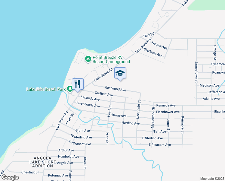 map of restaurants, bars, coffee shops, grocery stores, and more near 258 Garfield Avenue in Angola