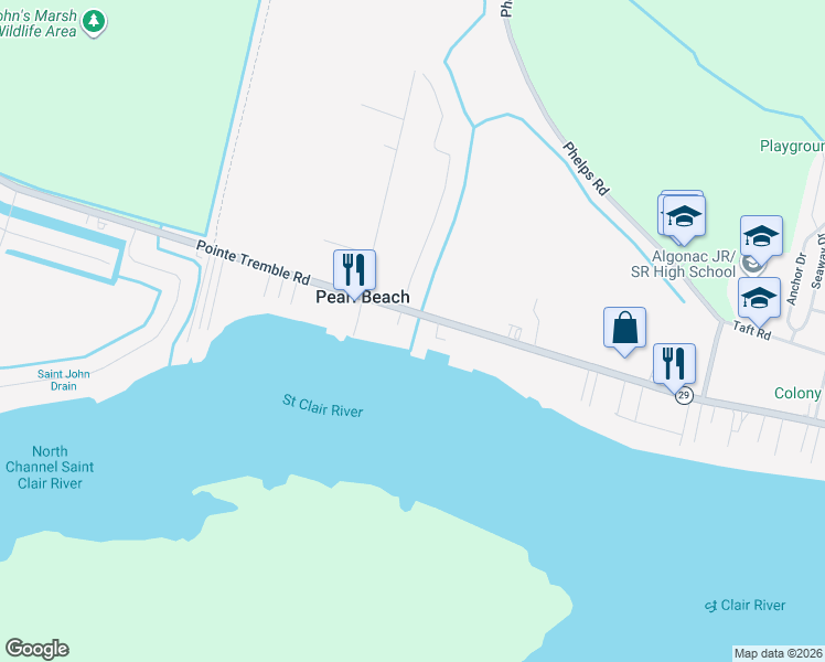 map of restaurants, bars, coffee shops, grocery stores, and more near 5863 Pointe Tremble Road in Clay Township