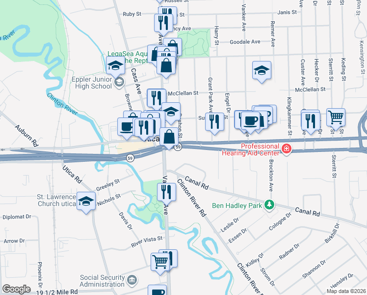 map of restaurants, bars, coffee shops, grocery stores, and more near 8100 Hall Road in Utica