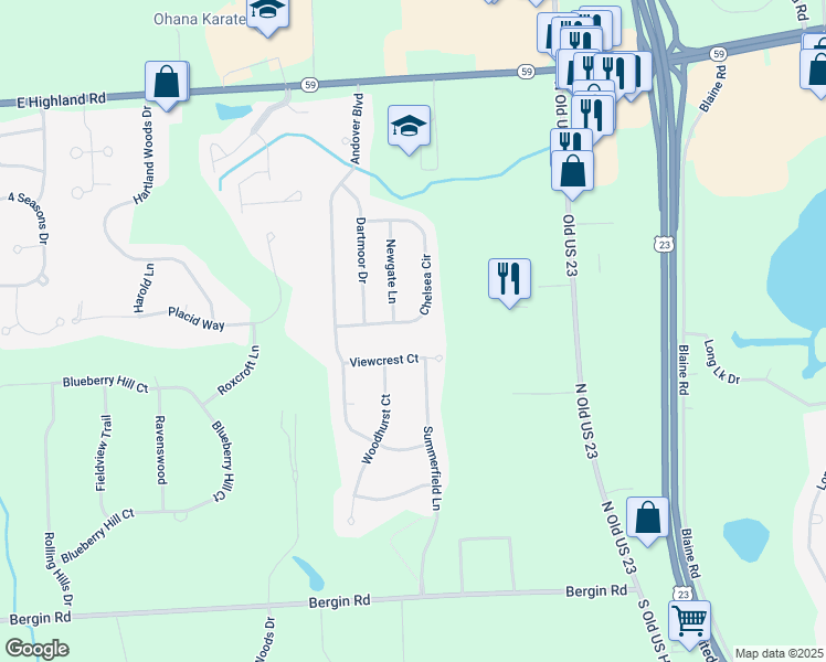 map of restaurants, bars, coffee shops, grocery stores, and more near 1588 Chelsea Circle in Howell