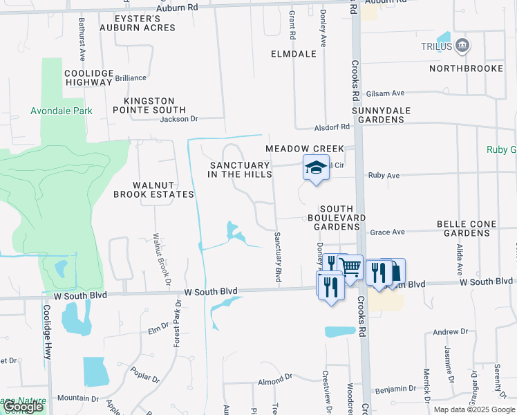 map of restaurants, bars, coffee shops, grocery stores, and more near 3793 Winding Brook Circle in Rochester Hills