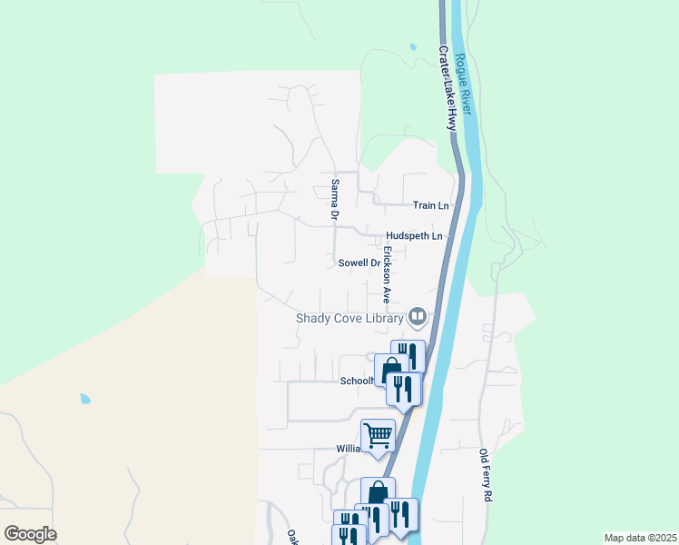 map of restaurants, bars, coffee shops, grocery stores, and more near 294 Sowell Drive in Shady Cove