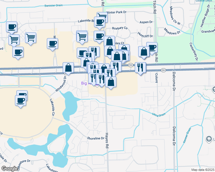 map of restaurants, bars, coffee shops, grocery stores, and more near 15220 Hall Rd in Charter Township of Clinton