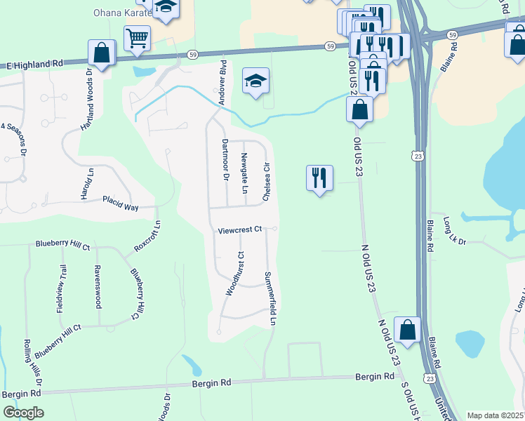 map of restaurants, bars, coffee shops, grocery stores, and more near 1588 Chelsea Circle in Howell