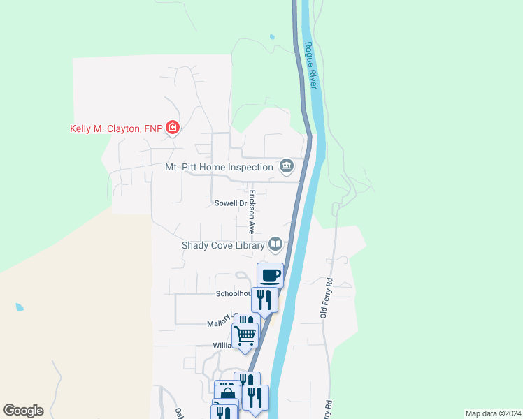 map of restaurants, bars, coffee shops, grocery stores, and more near 62 Erickson Avenue in Shady Cove