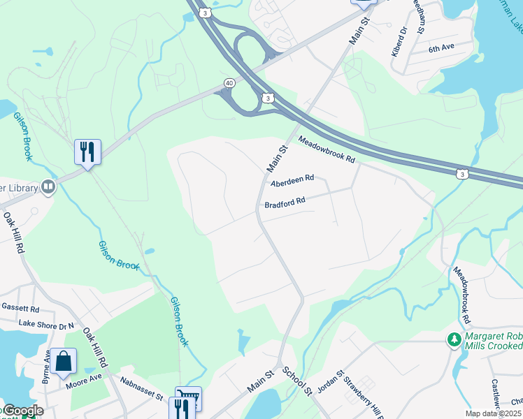 map of restaurants, bars, coffee shops, grocery stores, and more near 118 Main Street in Chelmsford