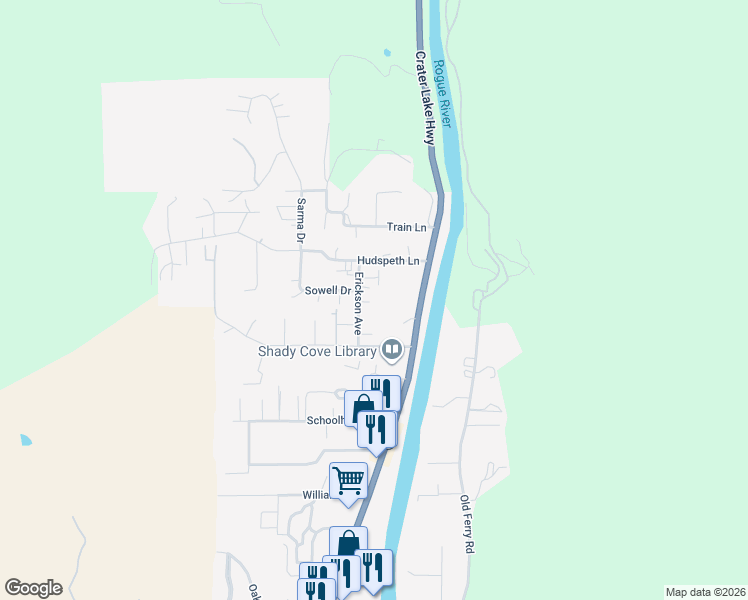 map of restaurants, bars, coffee shops, grocery stores, and more near 62 Erickson Avenue in Shady Cove